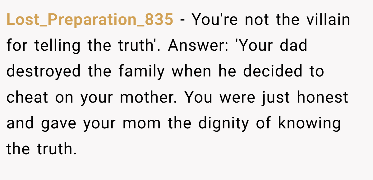 Lost_Preparation_835 − You're not the villain for telling the truth'. Answer: 'Your dad destroyed the family when he decided to cheat on your mother. You were just honest and gave your mom the dignity of knowing the truth.