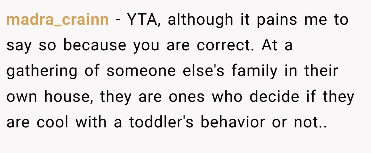 madra_crainn − YTA, although it pains me to say so because you are correct. At a gathering of someone else's family in their own house, they are ones who decide if they are cool with a toddler's behavior or not..