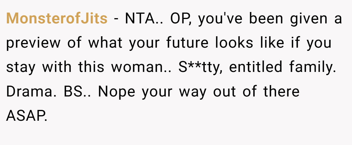 MonsterofJits − NTA.. OP, you've been given a preview of what your future looks like if you stay with this woman.. S**tty, entitled family. Drama. BS.. Nope your way out of there ASAP.