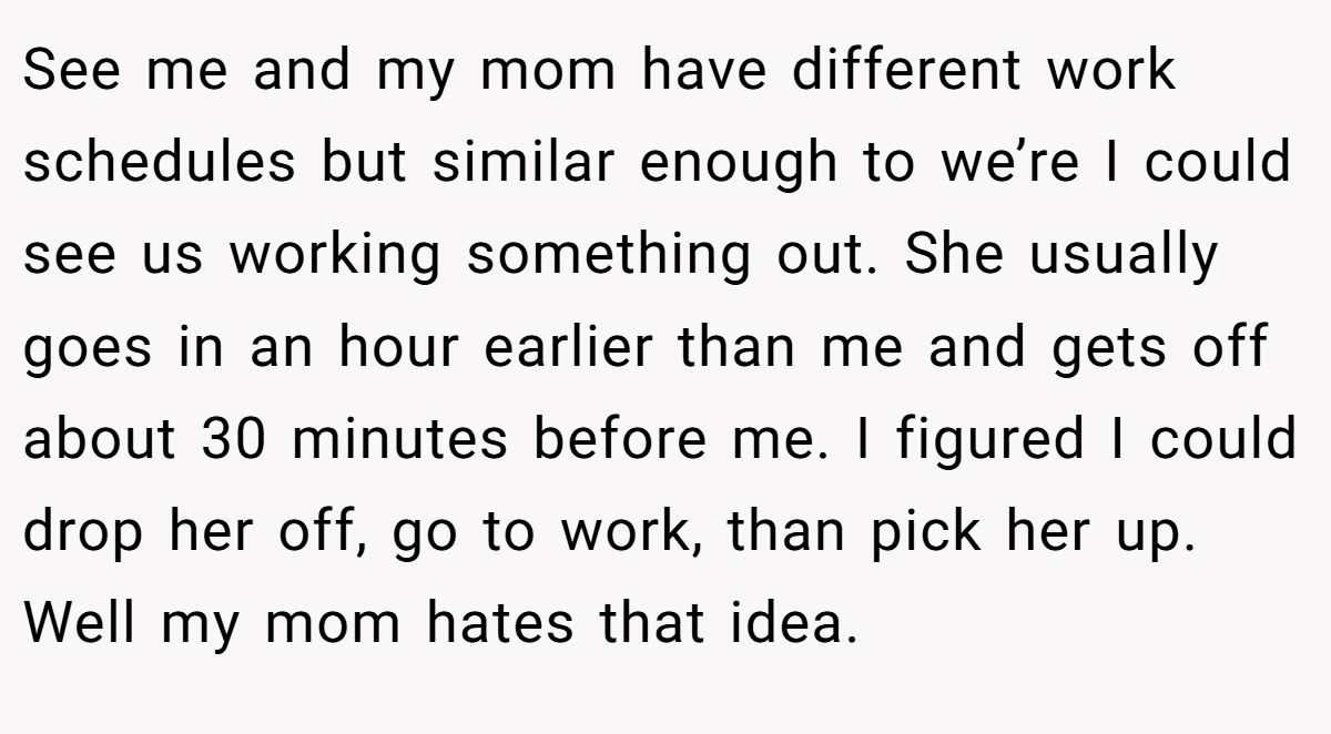 See me and my mom have different work schedules but similar enough to we’re I could see us working something out. She usually goes in an hour earlier than me and gets off about 30 minutes before me. I figured I could drop her off, go to work, than pick her up. Well my mom hates that idea.