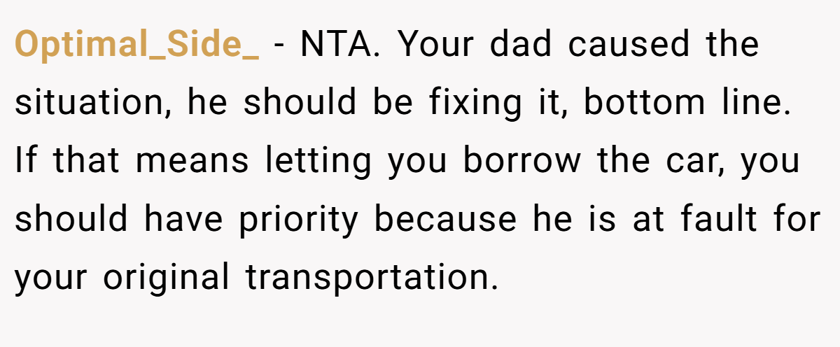Optimal_Side_ − NTA. Your dad caused the situation, he should be fixing it, bottom line. If that means letting you borrow the car, you should have priority because he is at fault for your original transportation.