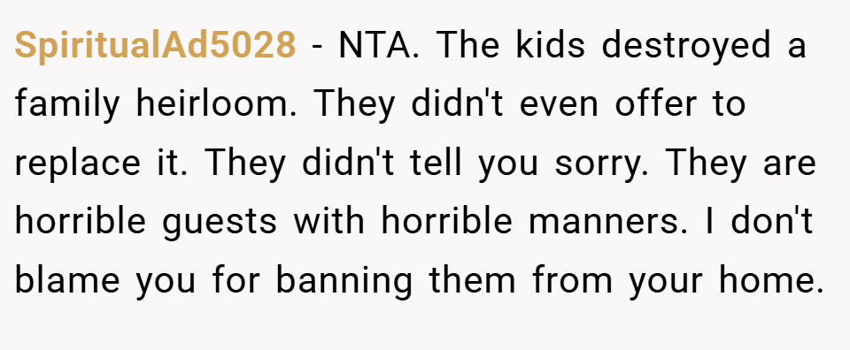 SpiritualAd5028 − NTA. The kids destroyed a family heirloom. They didn't even offer to replace it. They didn't tell you sorry. They are horrible guests with horrible manners. I don't blame you for banning them from your home.