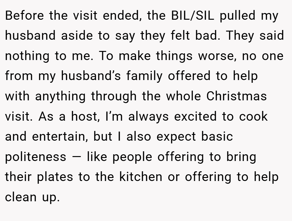Before the visit ended, the BIL/SIL pulled my husband aside to say they felt bad. They said nothing to me. To make things worse, no one from my husband’s family offered to help with anything through the whole Christmas visit. As a host, I’m always excited to cook and entertain, but I also expect basic politeness — like people offering to bring their plates to the kitchen or offering to help clean up.