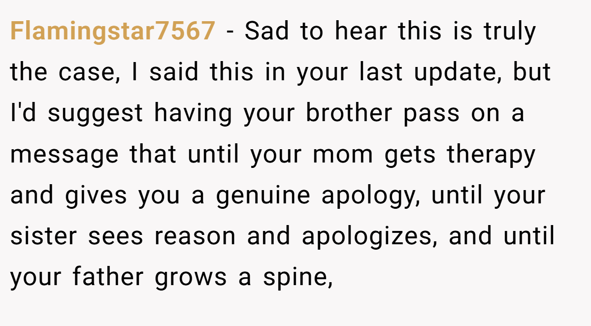Flamingstar7567 − Sad to hear this is truly the case, I said this in your last update, but I'd suggest having your brother pass on a message that until your mom gets therapy and gives you a genuine apology, until your sister sees reason and apologizes, and until your father grows a spine,