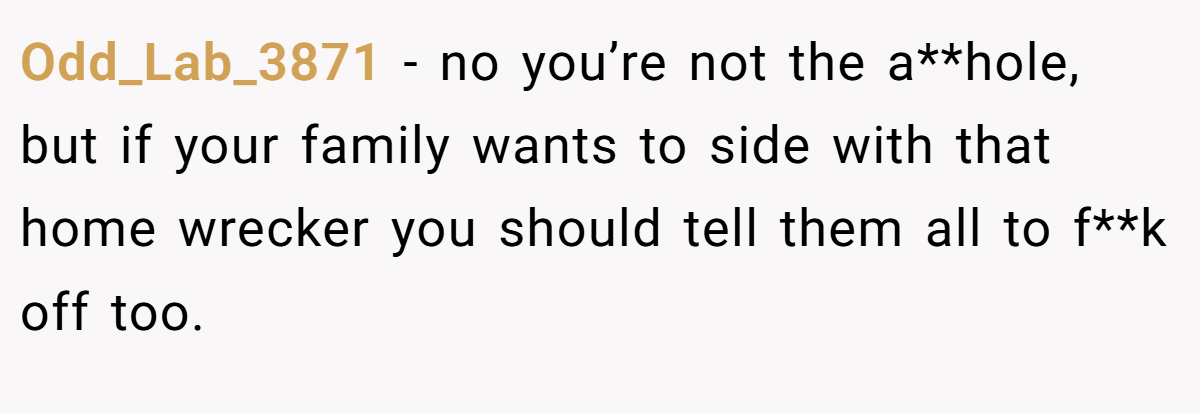 Odd_Lab_3871 − no you’re not the a**hole, but if your family wants to side with that home wrecker you should tell them all to f**k off too.