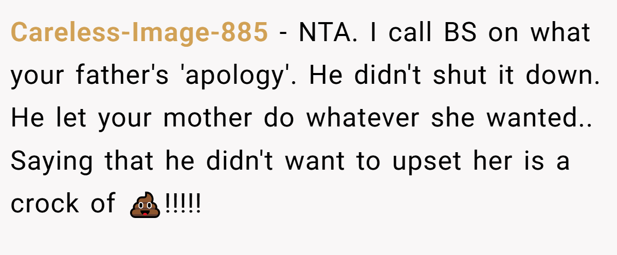 Careless-Image-885 − NTA. I call BS on what your father's 'apology'. He didn't shut it down. He let your mother do whatever she wanted.. Saying that he didn't want to upset her is a crock of 💩!!!!!
