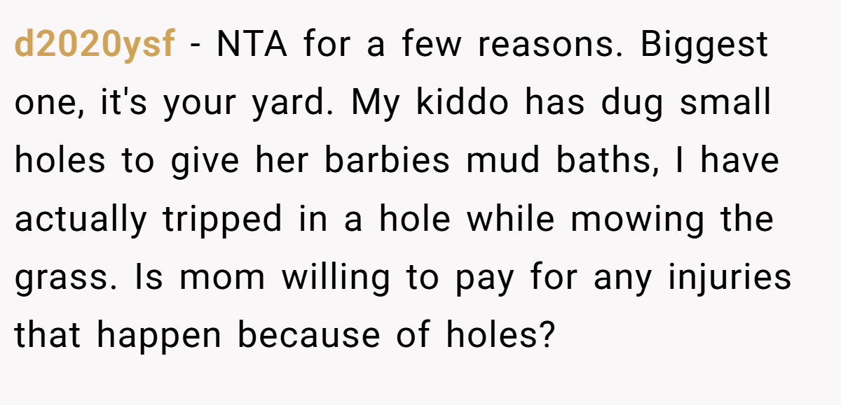 d2020ysf − NTA for a few reasons. Biggest one, it's your yard. My kiddo has dug small holes to give her barbies mud baths, I have actually tripped in a hole while mowing the grass. Is mom willing to pay for any injuries that happen because of holes?