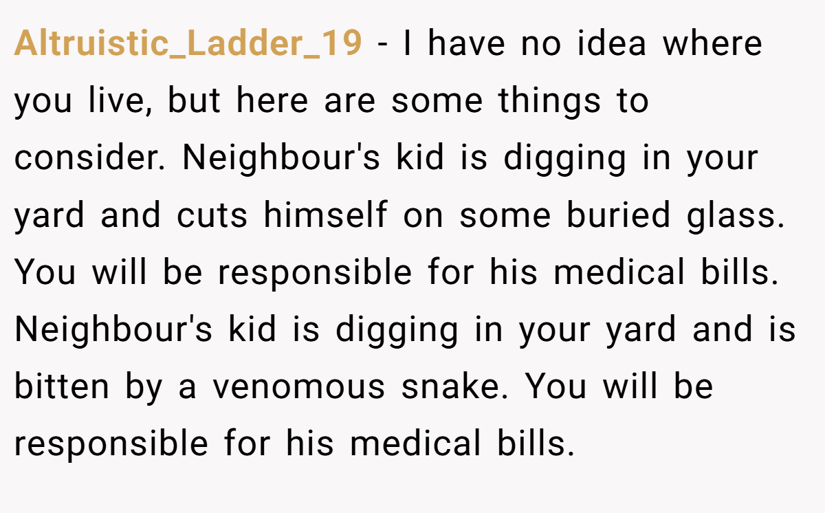 Altruistic_Ladder_19 − I have no idea where you live, but here are some things to consider. Neighbour's kid is digging in your yard and cuts himself on some buried glass. You will be responsible for his medical bills. Neighbour's kid is digging in your yard and is bitten by a venomous snake. You will be responsible for his medical bills.
