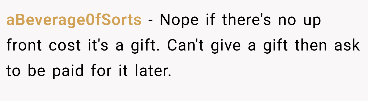 aBeverage0fSorts − Nope if there's no up front cost it's a gift. Can't give a gift then ask to be paid for it later.