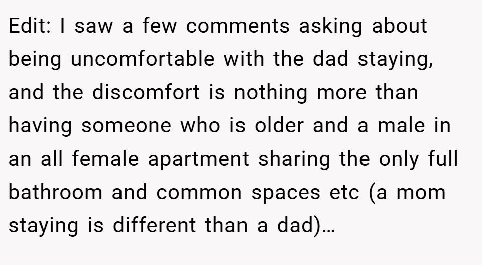 Edit: I saw a few comments asking about being uncomfortable with the dad staying, and the discomfort is nothing more than having someone who is older and a male in an all female apartment sharing the only full bathroom and common spaces etc (a mom staying is different than a dad)…