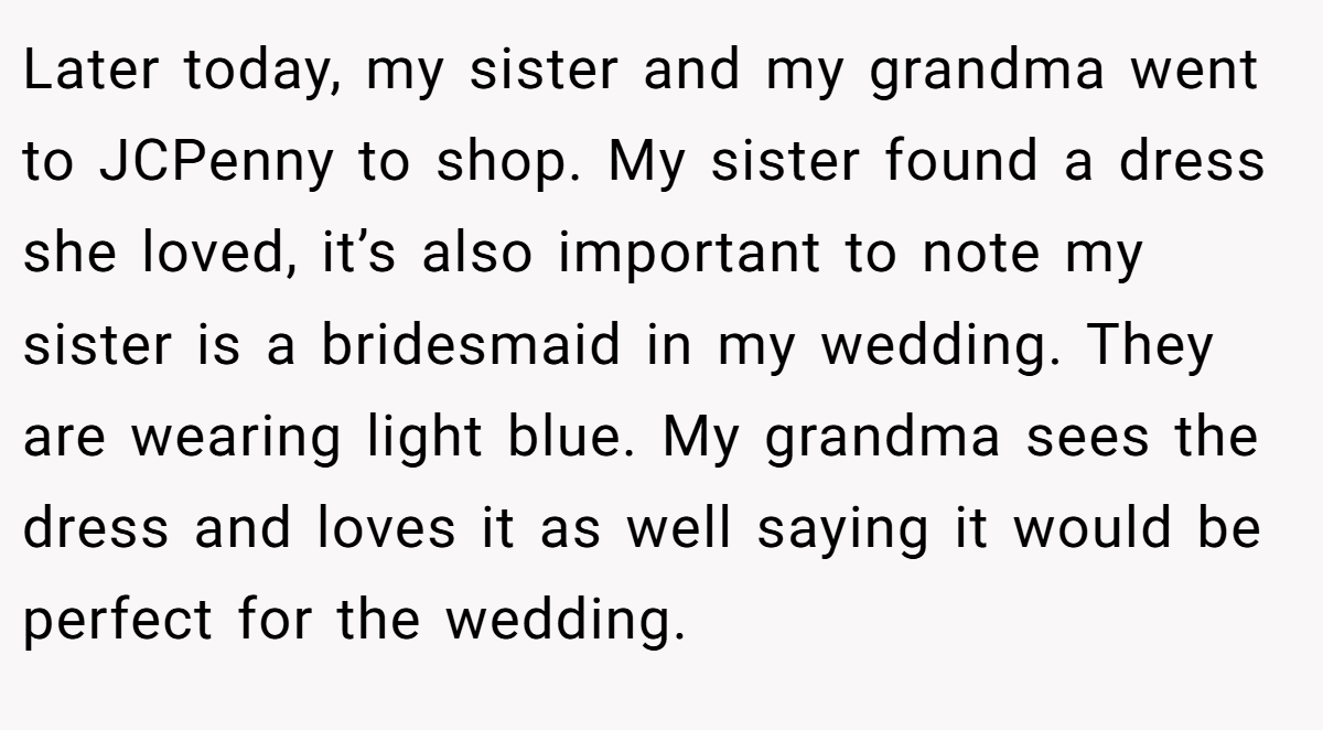 Later today, my sister and my grandma went to JCPenny to shop. My sister found a dress she loved, it’s also important to note my sister is a bridesmaid in my wedding. They are wearing light blue. My grandma sees the dress and loves it as well saying it would be perfect for the wedding.