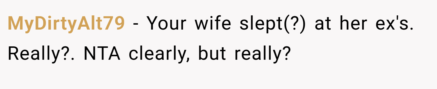 MyDirtyAlt79 − Your wife slept(?) at her ex's. Really?. NTA clearly, but really?