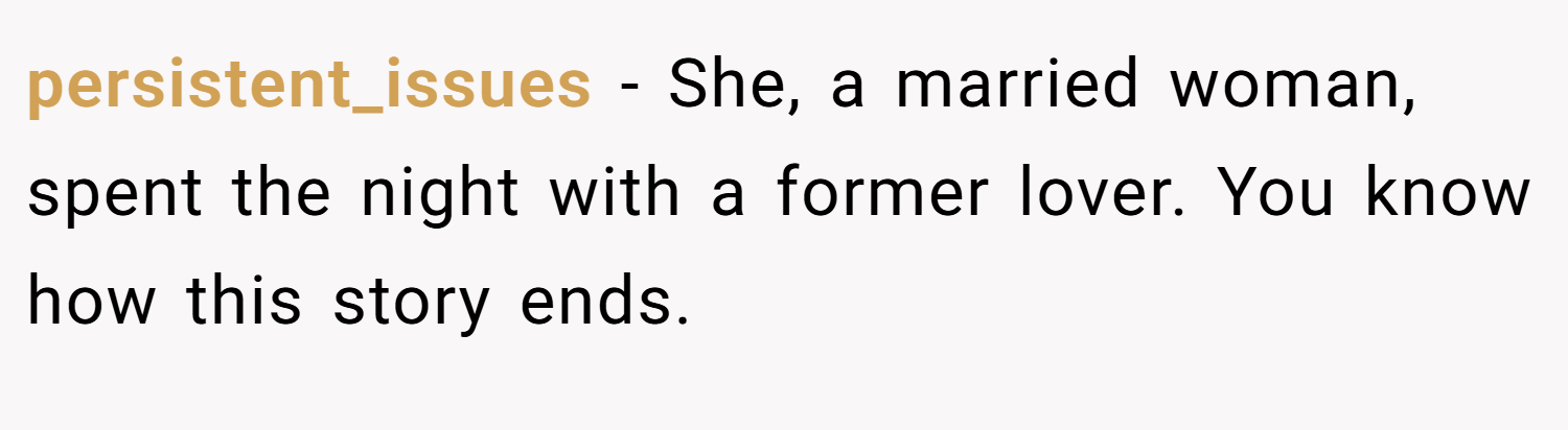 persistent_issues − She, a married woman, spent the night with a former lover. You know how this story ends.
