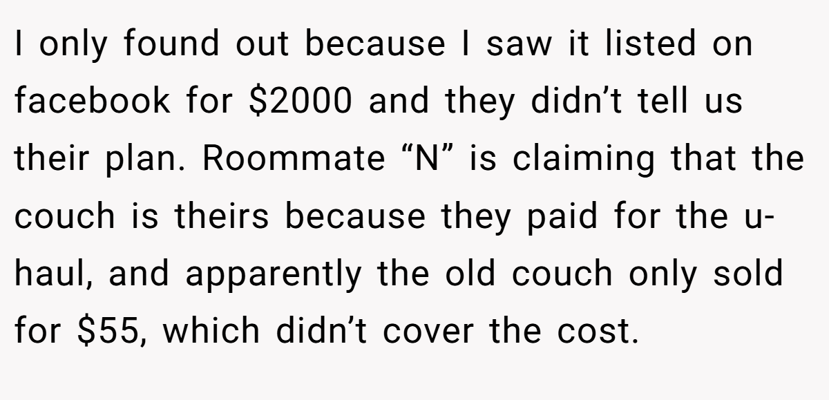I only found out because I saw it listed on facebook for $2000 and they didn’t tell us their plan. Roommate “N” is claiming that the couch is theirs because they paid for the u-haul, and apparently the old couch only sold for $55, which didn’t cover the cost.