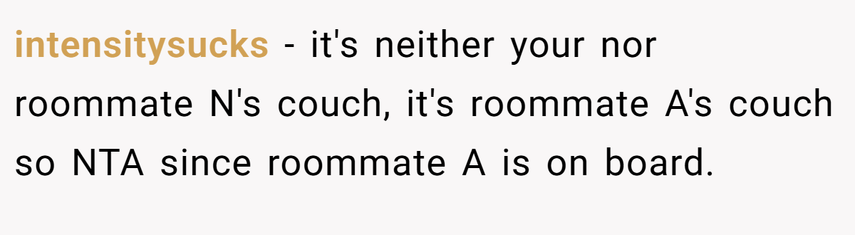 intensitysucks − it's neither your nor roommate N's couch, it's roommate A's couch so NTA since roommate A is on board.