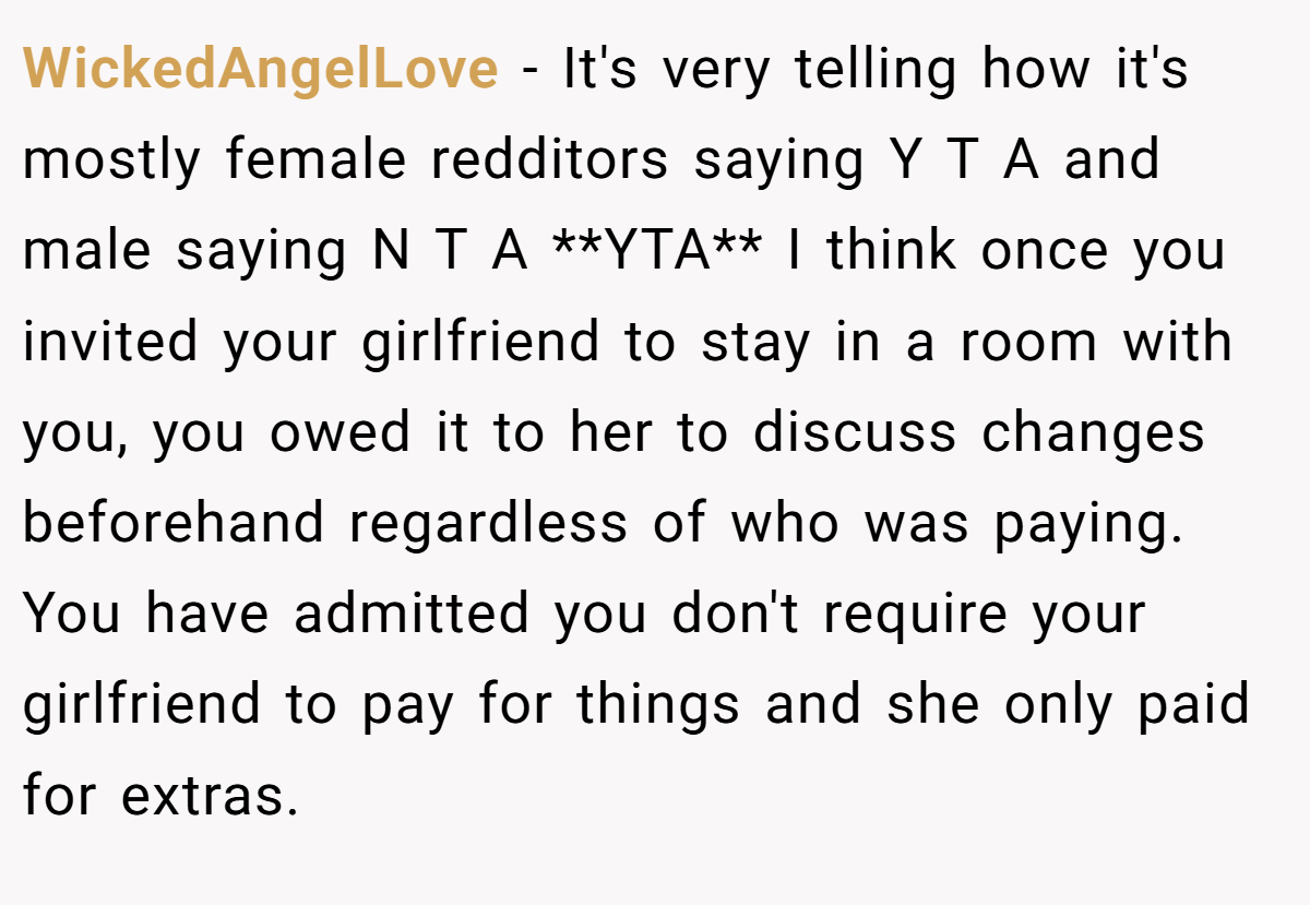 WickedAngelLove − It's very telling how it's mostly female redditors saying Y T A and male saying N T A **YTA** I think once you invited your girlfriend to stay in a room with you, you owed it to her to discuss changes beforehand regardless of who was paying. You have admitted you don't require your girlfriend to pay for things and she only paid for extras.