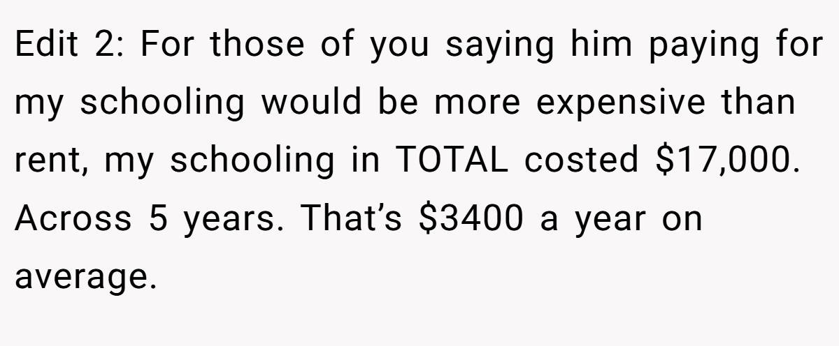 Edit 2: For those of you saying him paying for my schooling would be more expensive than rent, my schooling in TOTAL costed $17,000. Across 5 years. That’s $3400 a year on average.