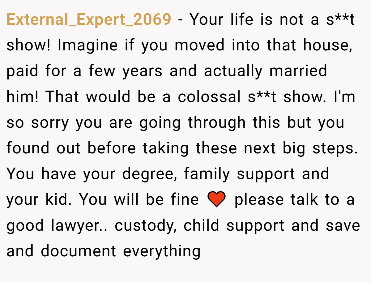 External_Expert_2069 − Your life is not a s**t show! Imagine if you moved into that house, paid for a few years and actually married him! That would be a colossal s**t show. I'm so sorry you are going through this but you found out before taking these next big steps. You have your degree, family support and your kid. You will be fine ♥️ please talk to a good lawyer.. custody, child support and save and document everything