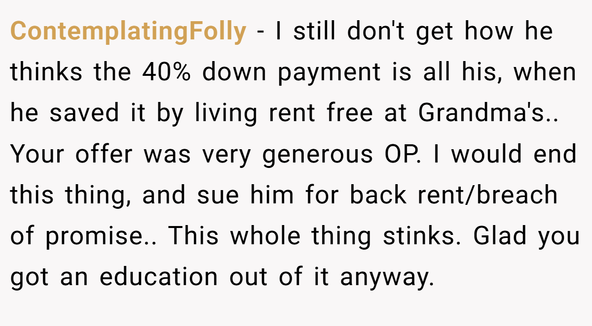 ContemplatingFolly − I still don't get how he thinks the 40% down payment is all his, when he saved it by living rent free at Grandma's.. Your offer was very generous OP. I would end this thing, and sue him for back rent/breach of promise.. This whole thing stinks. Glad you got an education out of it anyway.