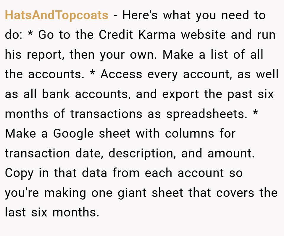 HatsAndTopcoats − Here's what you need to do: * Go to the Credit Karma website and run his report, then your own. Make a list of all the accounts. * Access every account, as well as all bank accounts, and export the past six months of transactions as spreadsheets. * Make a Google sheet with columns for transaction date, description, and amount. Copy in that data from each account so you're making one giant sheet that covers the last six months.
