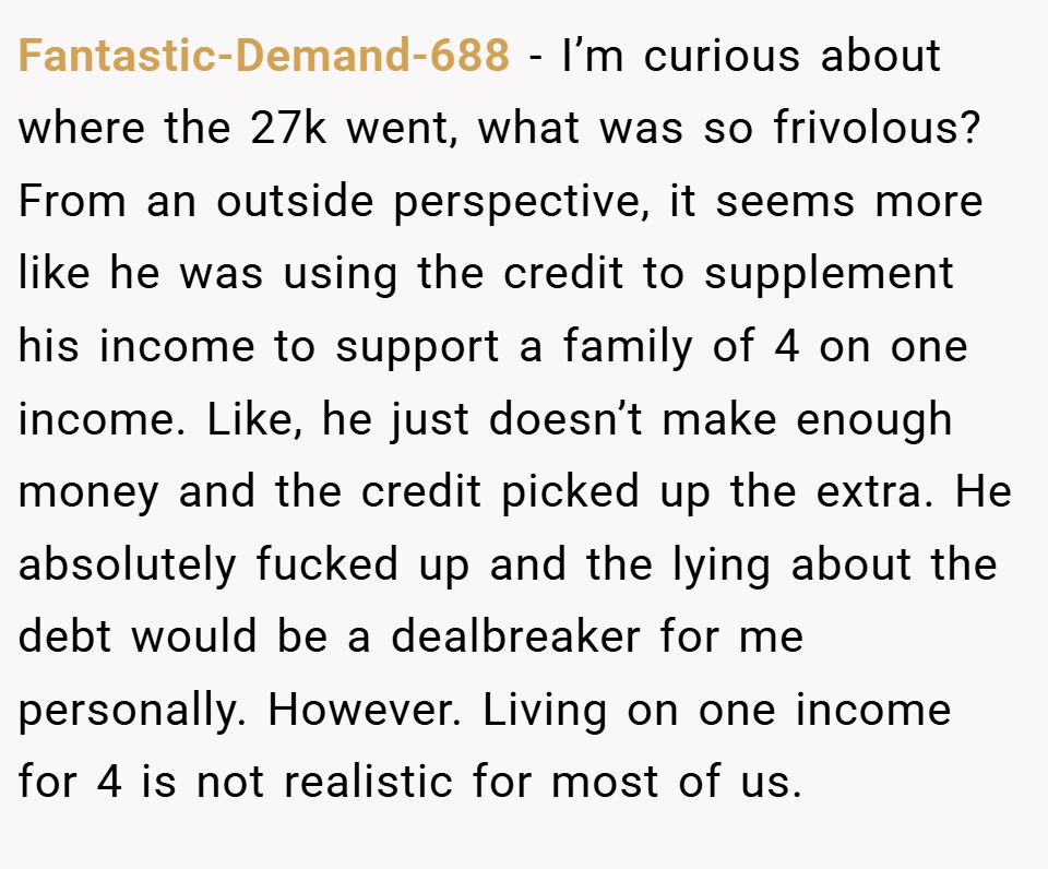 Fantastic-Demand-688 − I’m curious about where the 27k went, what was so frivolous? From an outside perspective, it seems more like he was using the credit to supplement his income to support a family of 4 on one income. Like, he just doesn’t make enough money and the credit picked up the extra. He absolutely fucked up and the lying about the debt would be a dealbreaker for me personally. However. Living on one income for 4 is not realistic for most of us.