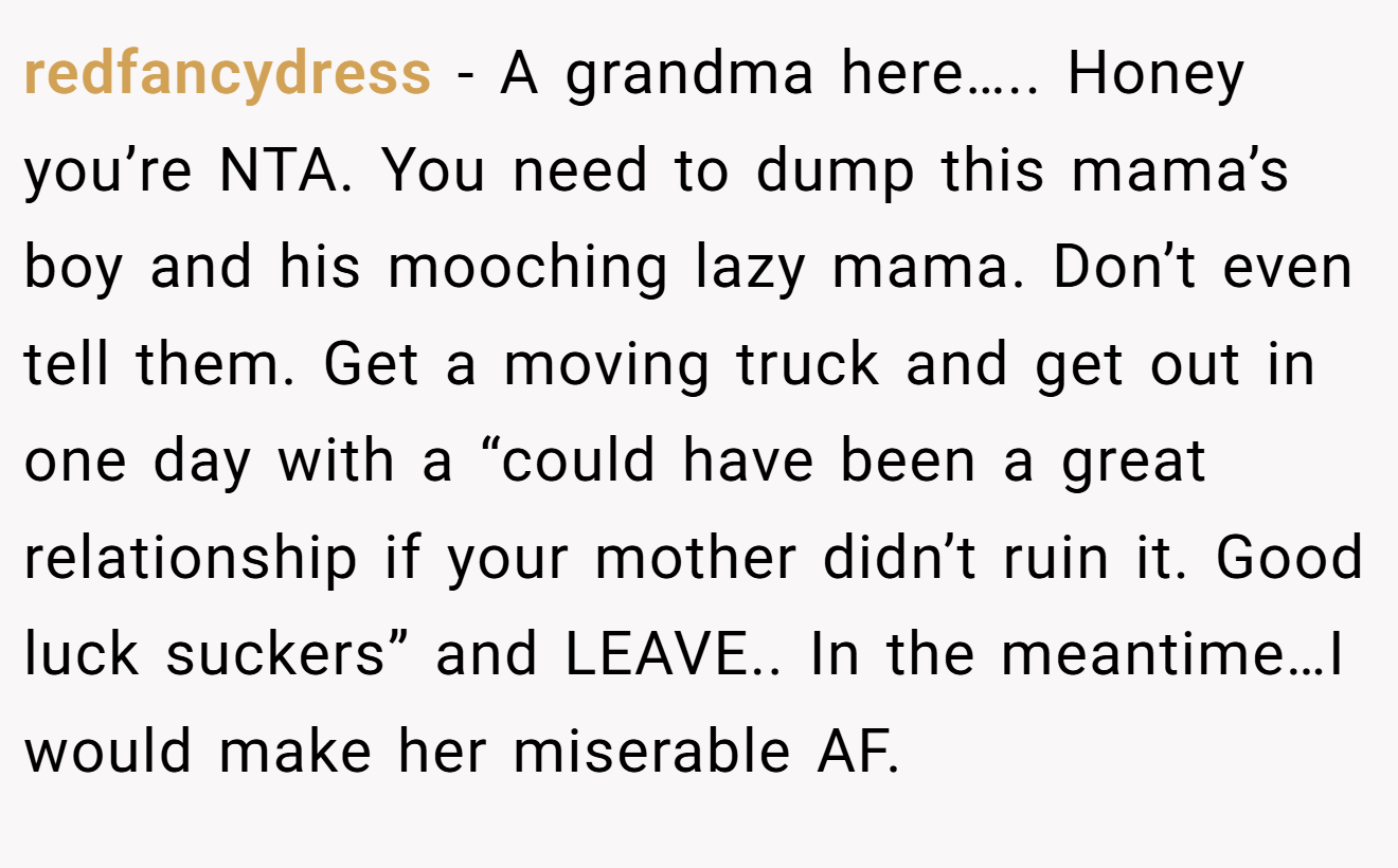 redfancydress − A grandma here….. Honey you’re NTA. You need to dump this mama’s boy and his mooching lazy mama. Don’t even tell them. Get a moving truck and get out in one day with a “could have been a great relationship if your mother didn’t ruin it. Good luck suckers” and LEAVE.. In the meantime…I would make her miserable AF.