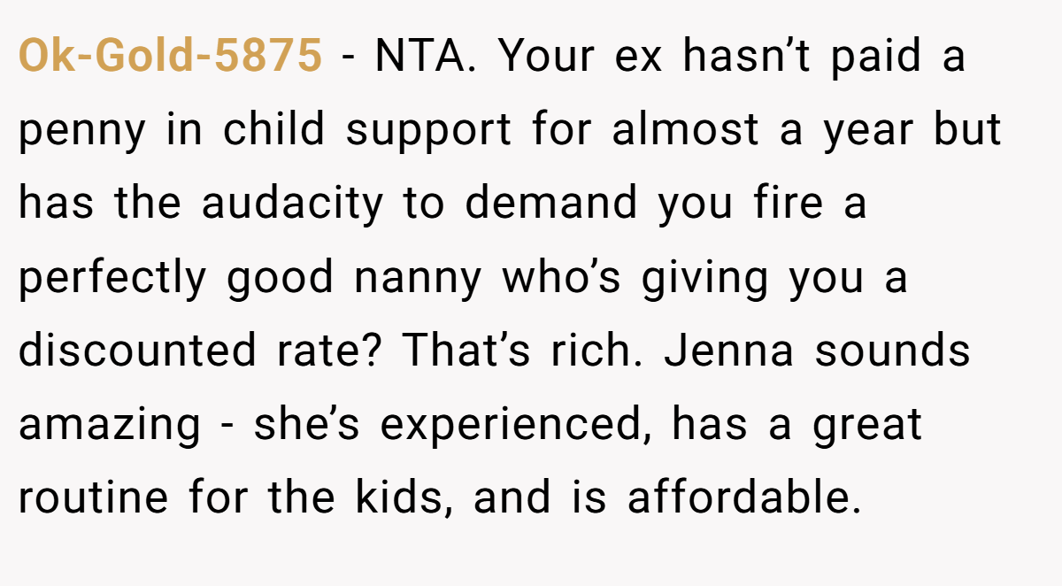Ok-Gold-5875 − NTA. Your ex hasn’t paid a penny in child support for almost a year but has the audacity to demand you fire a perfectly good nanny who’s giving you a discounted rate? That’s rich. Jenna sounds amazing - she’s experienced, has a great routine for the kids, and is affordable.