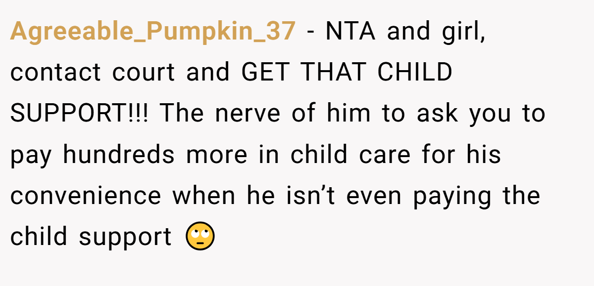 Agreeable_Pumpkin_37 − NTA and girl, contact court and GET THAT CHILD SUPPORT!!! The nerve of him to ask you to pay hundreds more in child care for his convenience when he isn’t even paying the child support 🙄