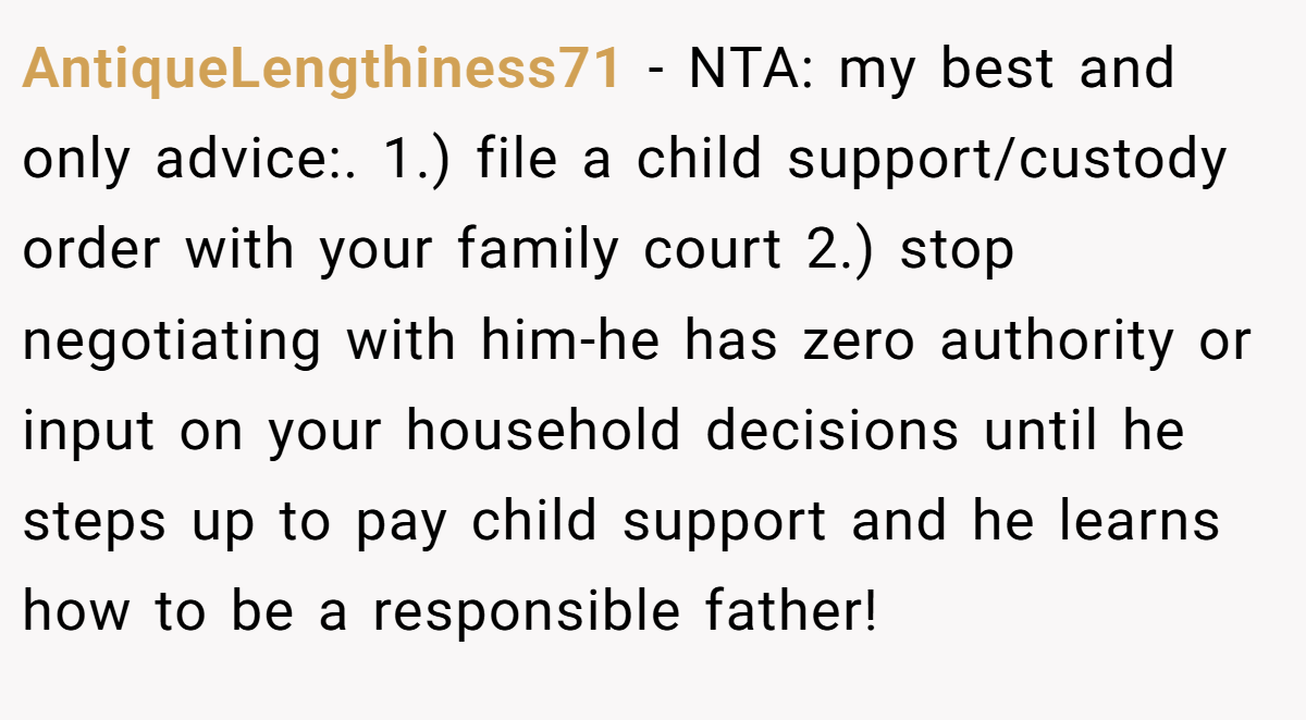 AntiqueLengthiness71 − NTA: my best and only advice:. 1.) file a child support/custody order with your family court 2.) stop negotiating with him-he has zero authority or input on your household decisions until he steps up to pay child support and he learns how to be a responsible father!