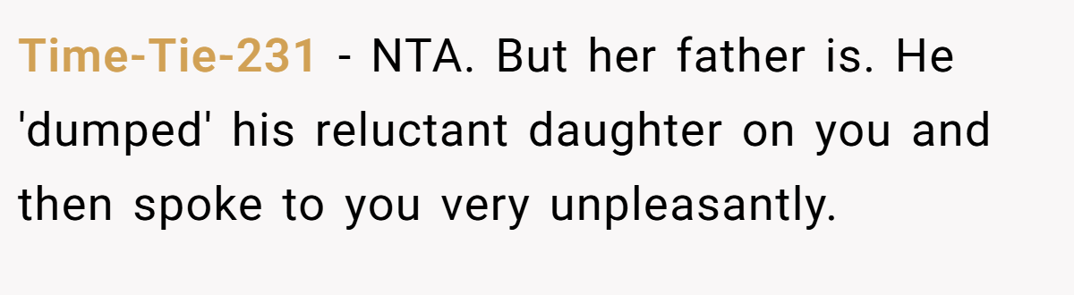 Time-Tie-231 − NTA. But her father is. He 'dumped' his reluctant daughter on you and then spoke to you very unpleasantly.