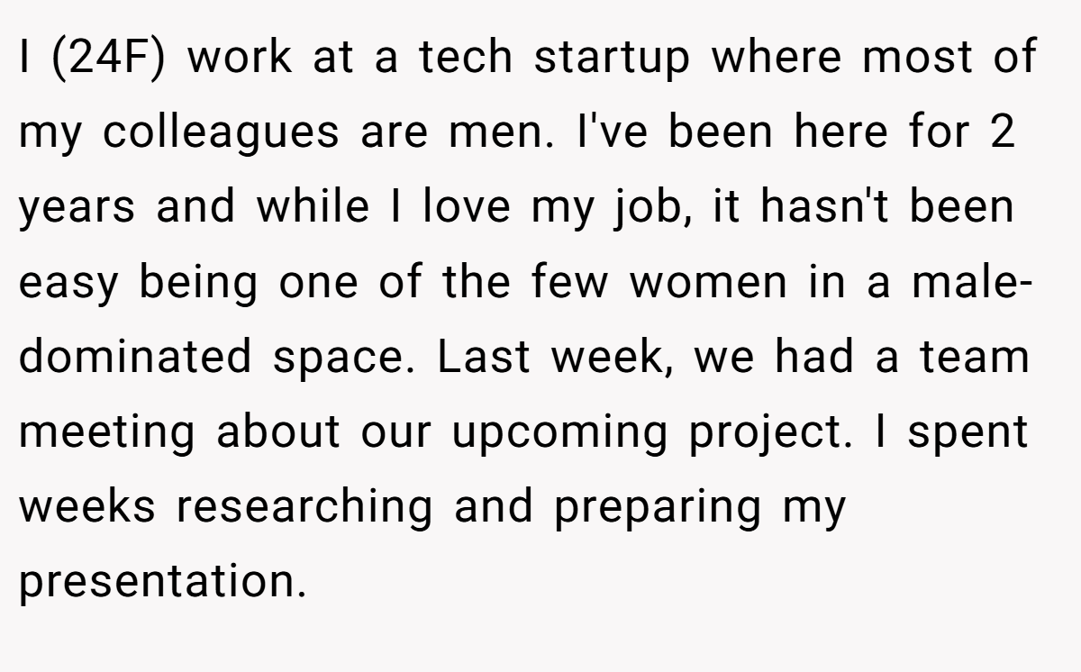 I (24F) work at a tech startup where most of my colleagues are men. I've been here for 2 years and while I love my job, it hasn't been easy being one of the few women in a male-dominated space. Last week, we had a team meeting about our upcoming project. I spent weeks researching and preparing my presentation.