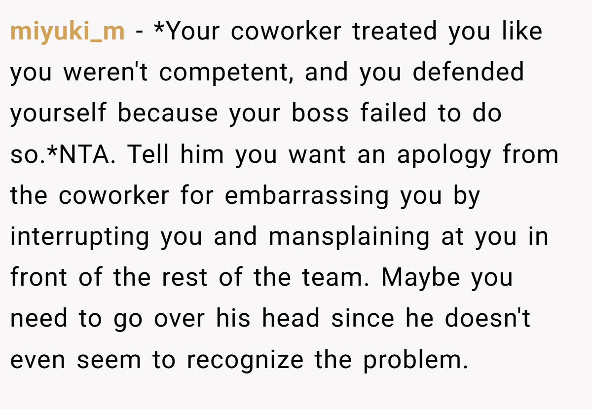 miyuki_m − *Your coworker treated you like you weren't competent, and you defended yourself because your boss failed to do so.*NTA. Tell him you want an apology from the coworker for embarrassing you by interrupting you and mansplaining at you in front of the rest of the team. Maybe you need to go over his head since he doesn't even seem to recognize the problem.