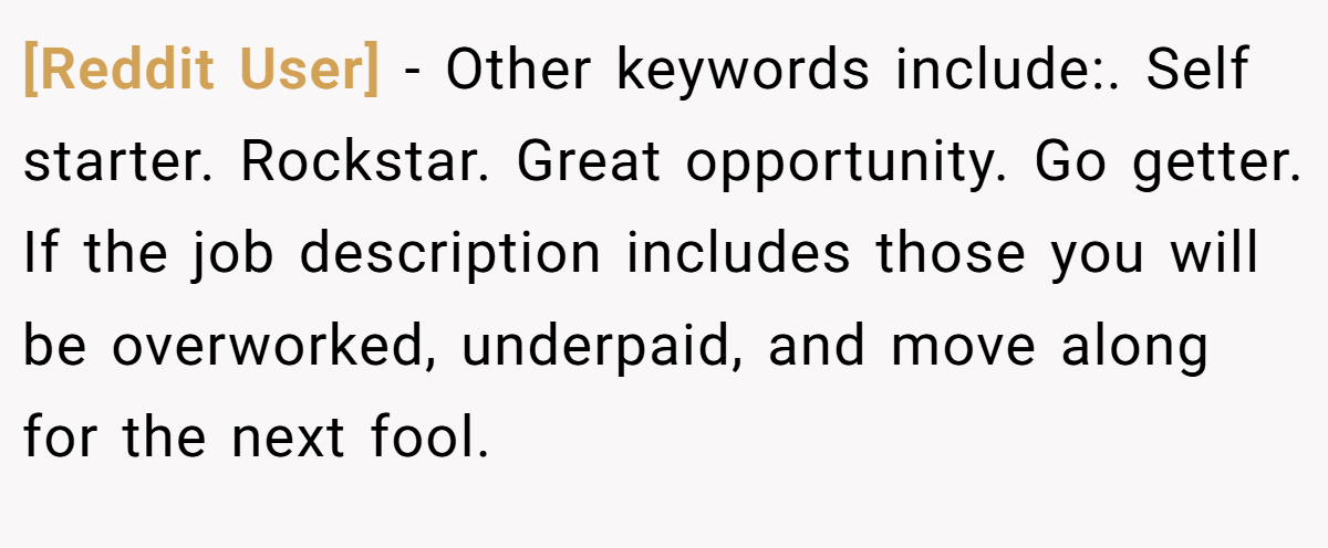 [Reddit User] − Other keywords include:. Self starter. Rockstar. Great opportunity. Go getter. If the job description includes those you will be overworked, underpaid, and move along for the next fool.