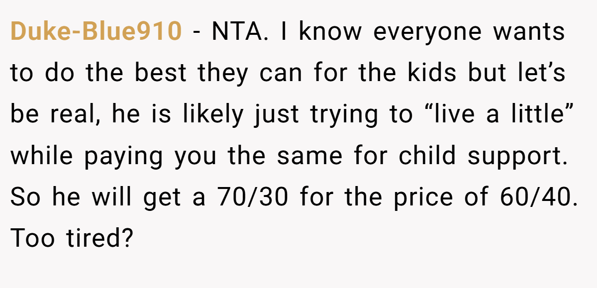 Duke-Blue910 − NTA. I know everyone wants to do the best they can for the kids but let’s be real, he is likely just trying to “live a little” while paying you the same for child support. So he will get a 70/30 for the price of 60/40. Too tired?