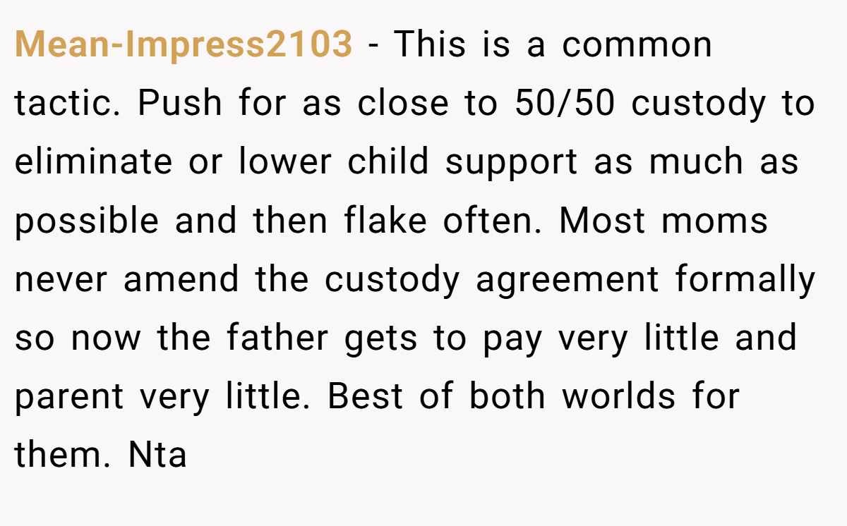Mean-Impress2103 − This is a common tactic. Push for as close to 50/50 custody to eliminate or lower child support as much as possible and then flake often. Most moms never amend the custody agreement formally so now the father gets to pay very little and parent very little. Best of both worlds for them. Nta 