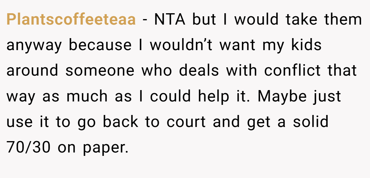 Plantscoffeeteaa − NTA but I would take them anyway because I wouldn’t want my kids around someone who deals with conflict that way as much as I could help it. Maybe just use it to go back to court and get a solid 70/30 on paper.