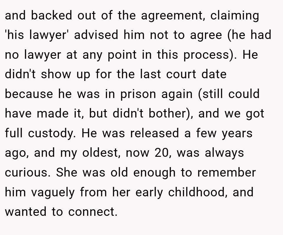 and backed out of the agreement, claiming 'his lawyer' advised him not to agree (he had no lawyer at any point in this process). He didn't show up for the last court date because he was in prison again (still could have made it, but didn't bother), and we got full custody. He was released a few years ago, and my oldest, now 20, was always curious. She was old enough to remember him vaguely from her early childhood, and wanted to connect.