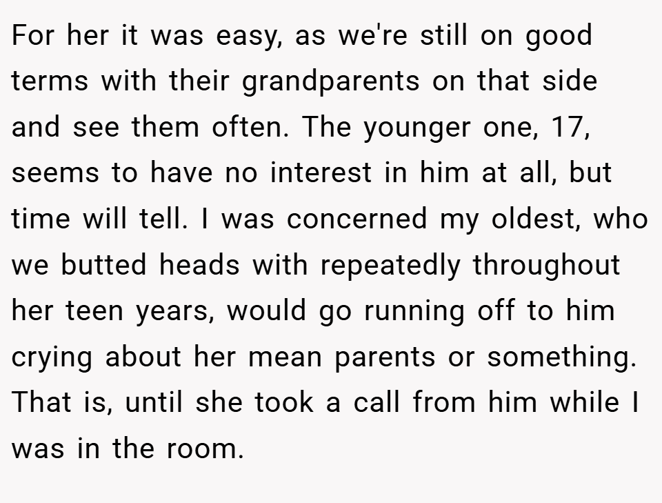 For her it was easy, as we're still on good terms with their grandparents on that side and see them often. The younger one, 17, seems to have no interest in him at all, but time will tell. I was concerned my oldest, who we butted heads with repeatedly throughout her teen years, would go running off to him crying about her mean parents or something. That is, until she took a call from him while I was in the room.