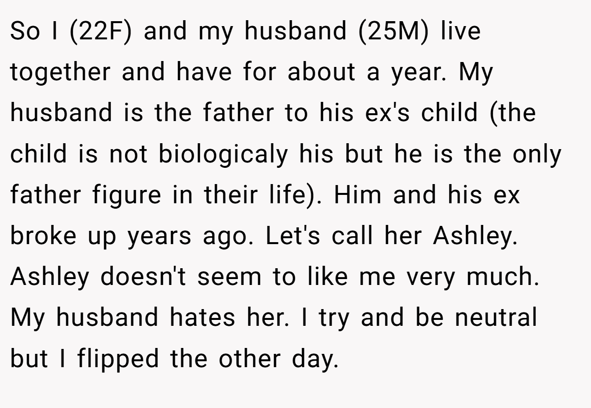 So I (22F) and my husband (25M) live together and have for about a year. My husband is the father to his ex's child (the child is not biologicaly his but he is the only father figure in their life). Him and his ex broke up years ago. Let's call her Ashley. Ashley doesn't seem to like me very much. My husband hates her. I try and be neutral but I flipped the other day.