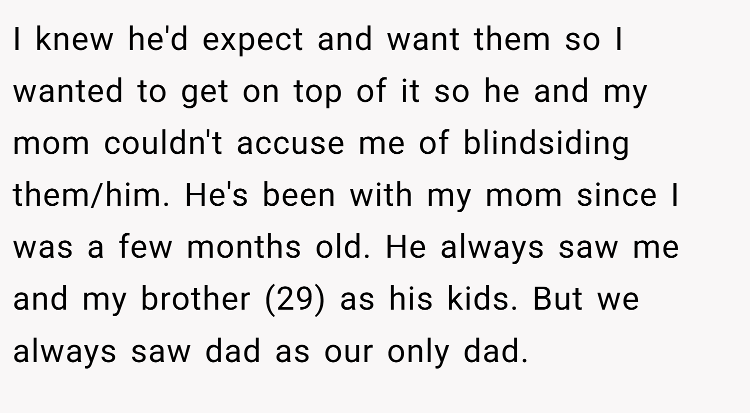 I knew he'd expect and want them so I wanted to get on top of it so he and my mom couldn't accuse me of blindsiding them/him. He's been with my mom since I was a few months old. He always saw me and my brother (29) as his kids. But we always saw dad as our only dad.