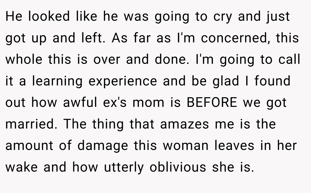 He looked like he was going to cry and just got up and left. As far as I'm concerned, this whole this is over and done. I'm going to call it a learning experience and be glad I found out how awful ex's mom is BEFORE we got married. The thing that amazes me is the amount of damage this woman leaves in her wake and how utterly oblivious she is.