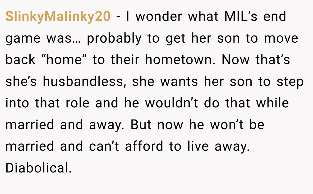 SlinkyMalinky20 − I wonder what MIL’s end game was… probably to get her son to move back “home” to their hometown. Now that’s she’s husbandless, she wants her son to step into that role and he wouldn’t do that while married and away. But now he won’t be married and can’t afford to live away. Diabolical.