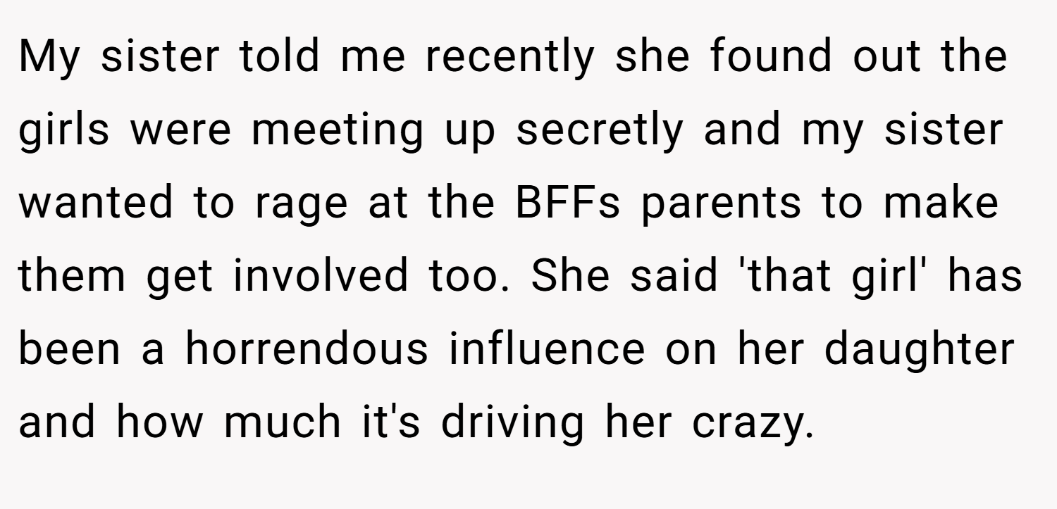 My sister told me recently she found out the girls were meeting up secretly and my sister wanted to rage at the BFFs parents to make them get involved too. She said 'that girl' has been a horrendous influence on her daughter and how much it's driving her crazy.