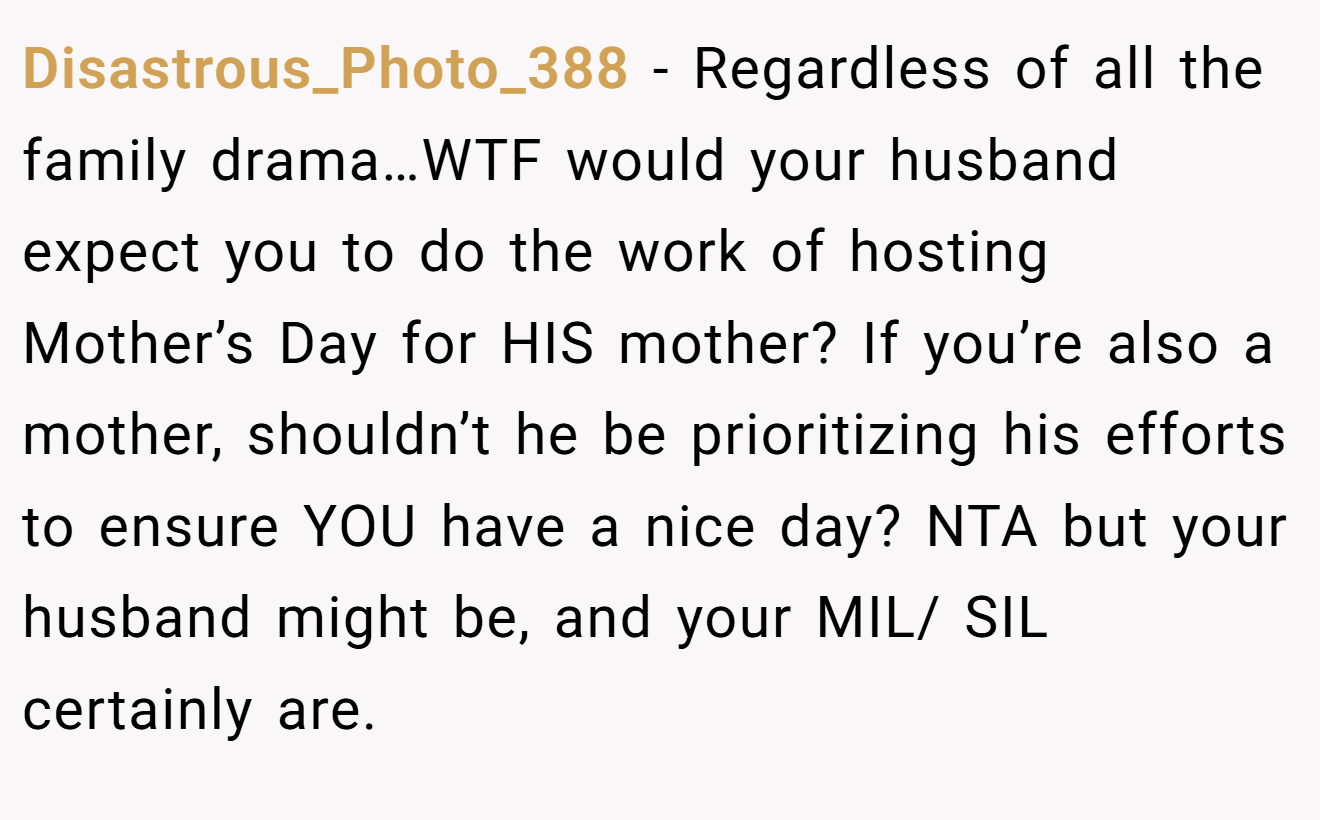 Disastrous_Photo_388 − Regardless of all the family drama…WTF would your husband expect you to do the work of hosting Mother’s Day for HIS mother? If you’re also a mother, shouldn’t he be prioritizing his efforts to ensure YOU have a nice day? NTA but your husband might be, and your MIL/ SIL certainly are.