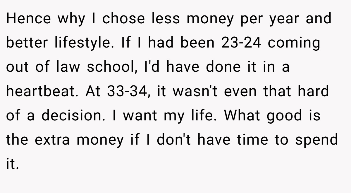 Hence why I chose less money per year and better lifestyle. If I had been 23-24 coming out of law school, I'd have done it in a heartbeat. At 33-34, it wasn't even that hard of a decision. I want my life. What good is the extra money if I don't have time to spend it.