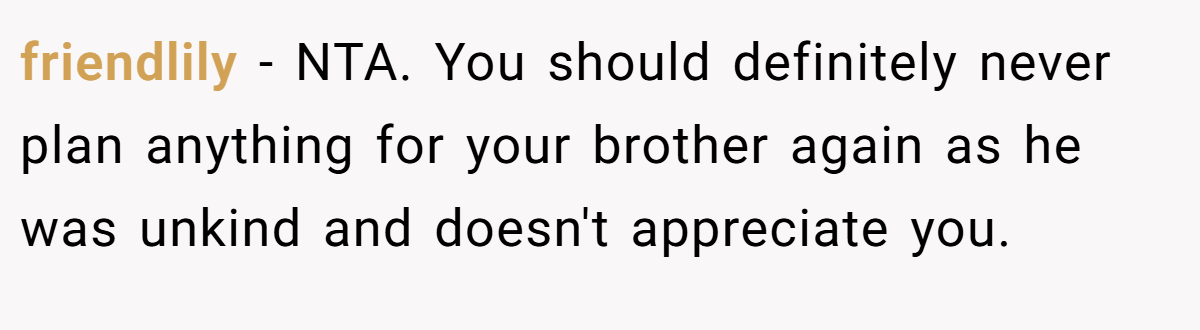 friendlily − NTA. You should definitely never plan anything for your brother again as he was unkind and doesn't appreciate you. 