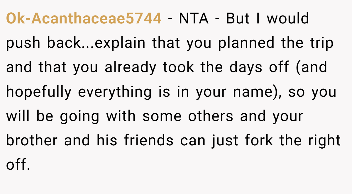 Ok-Acanthaceae5744 − NTA - But I would push back...explain that you planned the trip and that you already took the days off (and hopefully everything is in your name), so you will be going with some others and your brother and his friends can just fork the right off.