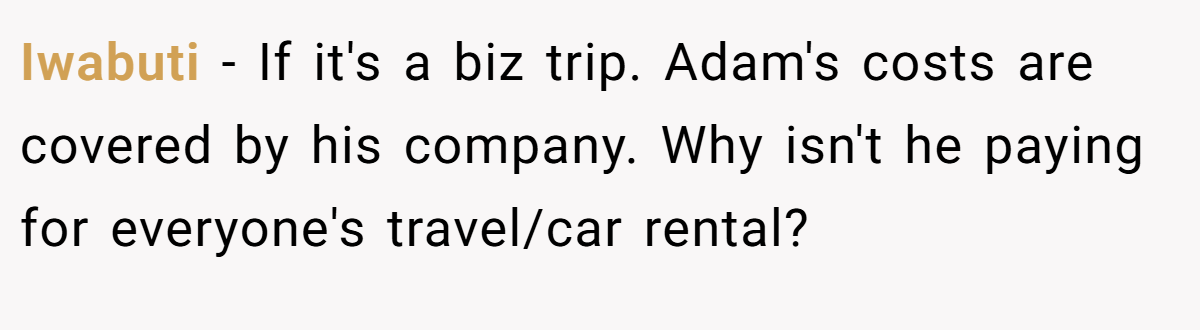 Iwabuti − If it's a biz trip. Adam's costs are covered by his company. Why isn't he paying for everyone's travel/car rental?