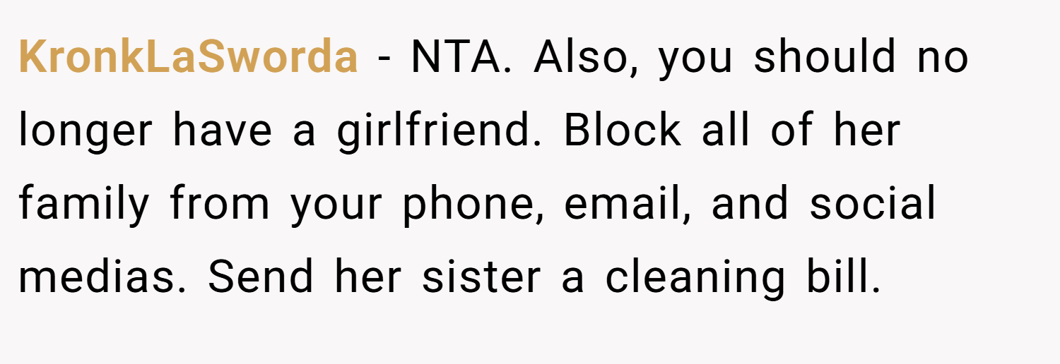 KronkLaSworda − NTA. Also, you should no longer have a girlfriend. Block all of her family from your phone, email, and social medias. Send her sister a cleaning bill.