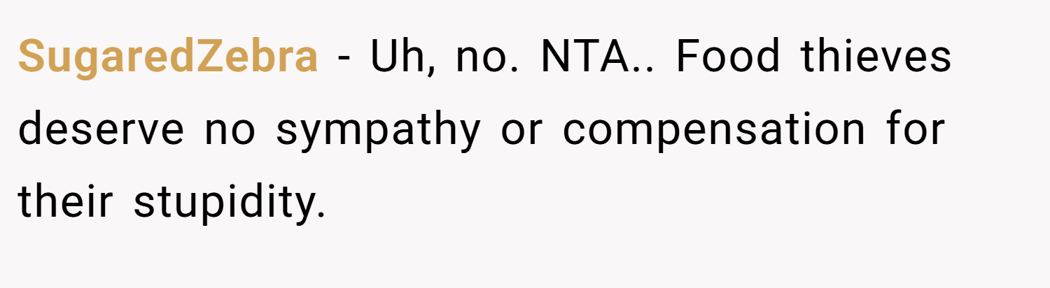SugaredZebra − Uh, no. NTA.. Food thieves deserve no sympathy or compensation for their stupidity.